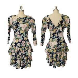 Vintage 90s Rampage Floral Ruffle Dress Size S M Bow Back Navy Blue 1990s